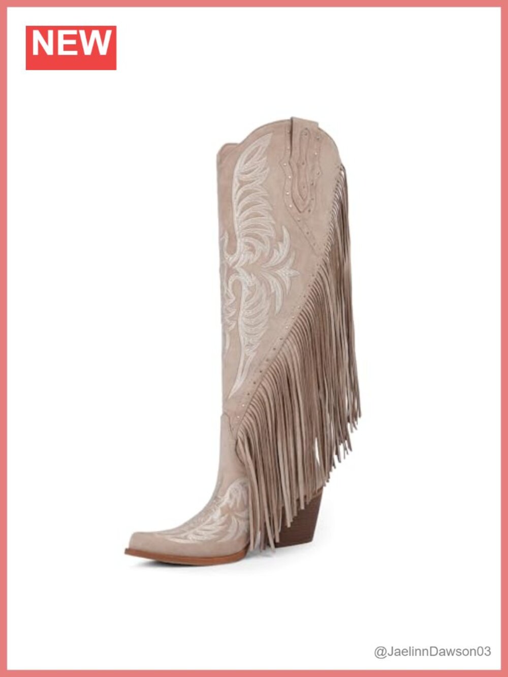 Faux Leather Fringe Cowgirl Boots Embroidered Studded Pointed Toe Chunky Heel